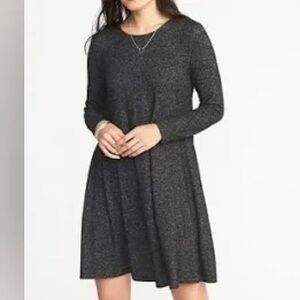 NWT Old Navy Charcoal Long Sleeve A Line Plush Knit Swing Dress Crew Neck Size S